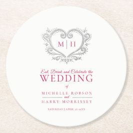 Silver, hjärtbärsröd kransmonogram bröllop underlägg papper rund