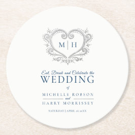 Silver, hjärtblått andningsmonogram bröllop underlägg papper rund