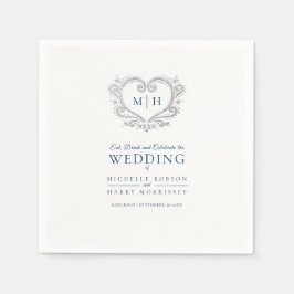 Silver hjärtblåvitling, monogram bröllop pappersservett