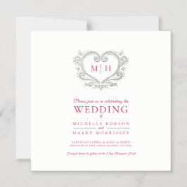 Silver, hjärtkransmonogram bröllop magnetisk inbjudningskort