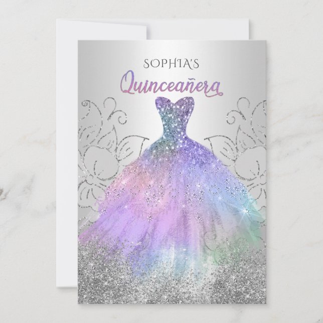 Silver Hologram Glitter Dress Quinceañera Quince Inbjudningar (Framsida)