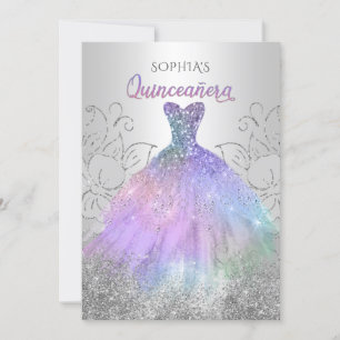 Silver Hologram Glitter Dress Quinceañera Quince Inbjudningar