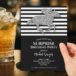 Silver Horse Black White Rand Birthday Inbjudningar