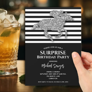 Silver Horse Black White Rand Birthday Inbjudningar
