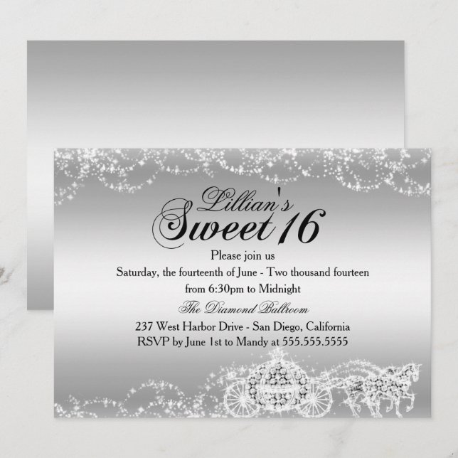 Silver Horse Carriage Princess Sweet 16 Inbjudan (Fram/baksida)