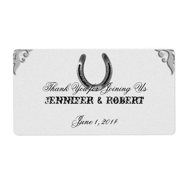 Silver Horseshoe on White Vattenflaska Label Fraktsedel (Framsidan)