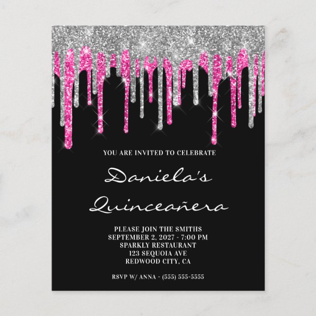 Silver Hot Pink Glitter Drip Quinceañera-inbjudan (Framsida)