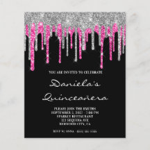 Silver Hot Pink Glitter Drip Quinceañera-inbjudan