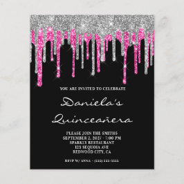 Silver Hot Pink Glitter Drip Quinceañera-inbjudan