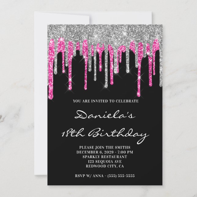 Silver Hot Pink Glitter Drips Black 18th Birthday Inbjudningar (Framsida)
