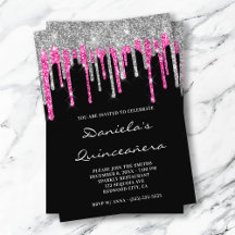 Silver Hot Pink Glitter Drips Svart Quinceañera