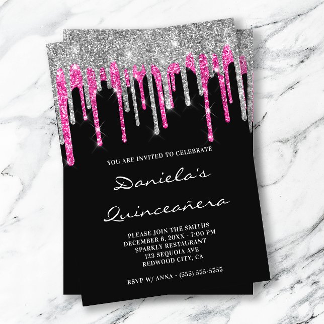 Silver Hot Pink Glitter Drips Svart Quinceañera Inbjudningar (Skapare uppladdad)