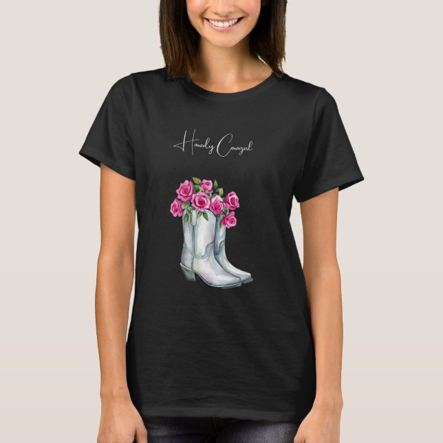 Silver Howdy Cowgirlstövlar Rosa Blommor   T Shirt (Framsida)