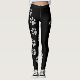 Silver Hund Tassar svart bakgrund Skriv ut Mönster Leggings