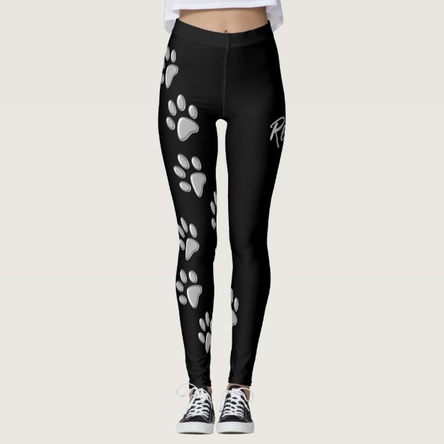 Silver Hund Tassar svart bakgrund Skriv ut Mönster Leggings (Framsida)