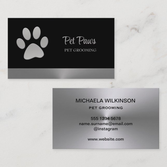 Silver Hundpaw på svart Husdjur Frisör Service Visitkort (Fram/baksida)
