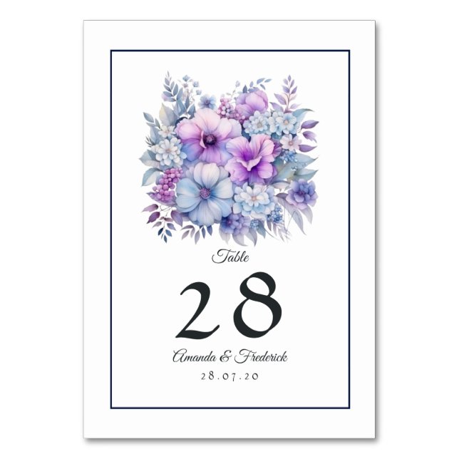 Silver, Icy Blue och Lilac Floral Wedding Bordsnummer (Framsidan)