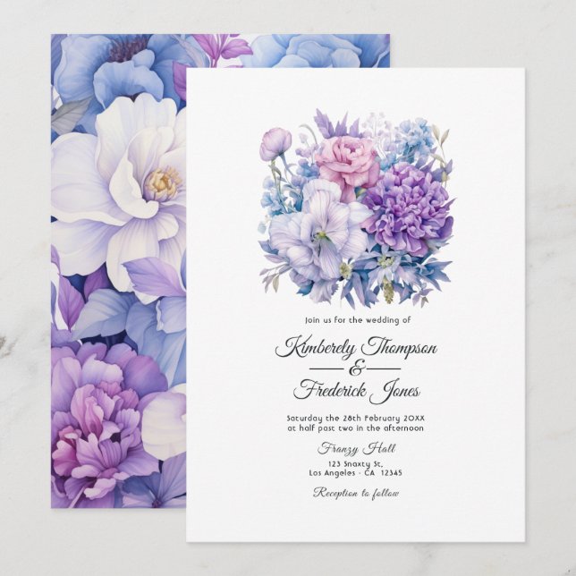 Silver, Icy Blue och Lilac Floral Wedding Inbjudningar (Fram/baksida)