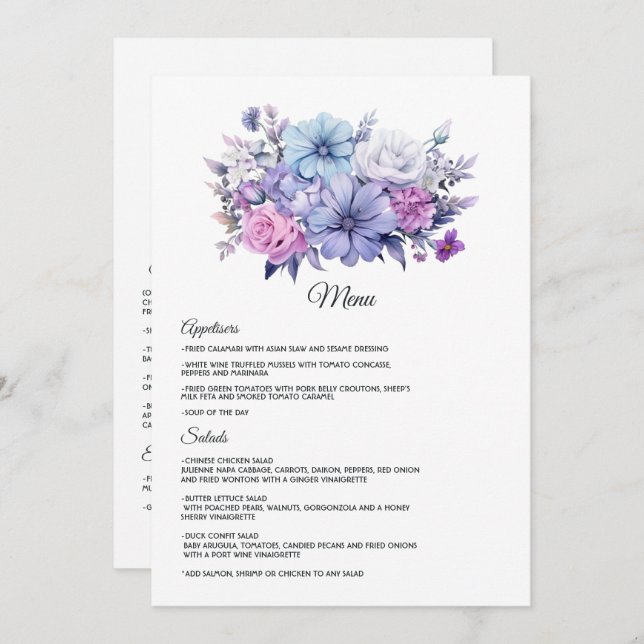 Silver, Icy Blue och Lilac Floral Wedding Meny (Fram/baksida)