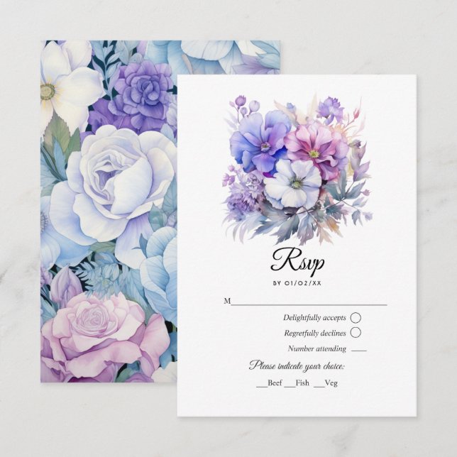 Silver, Icy Blue och Lilac Floral Wedding OSA Kort (Fram/baksida)
