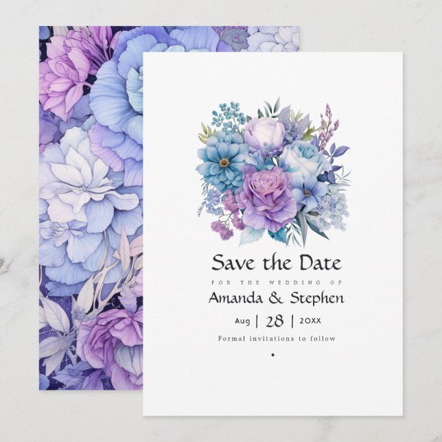 Silver, Icy Blue och Lilac Floral Wedding Spara Datumet (Fram/baksida)