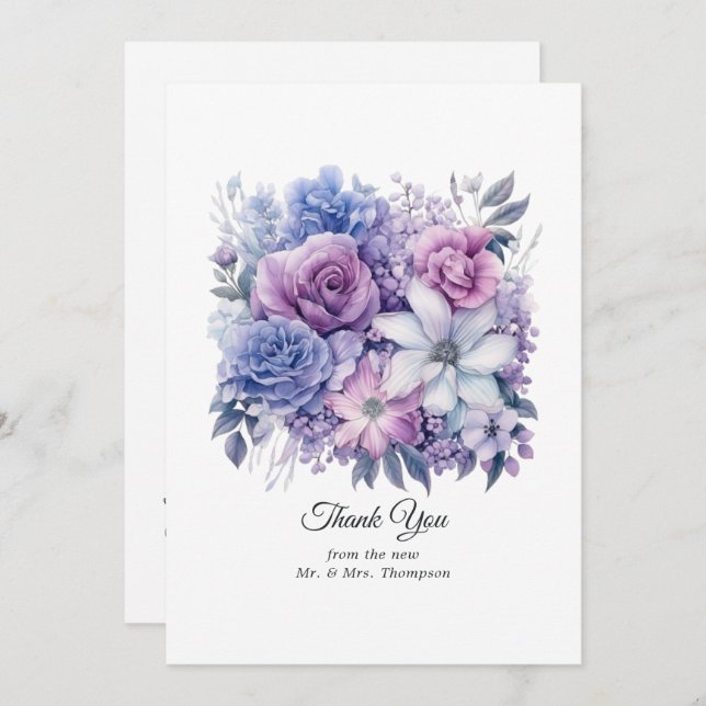 Silver, Icy Blue och Lilac Floral Wedding Tack Kort (Fram/baksida)