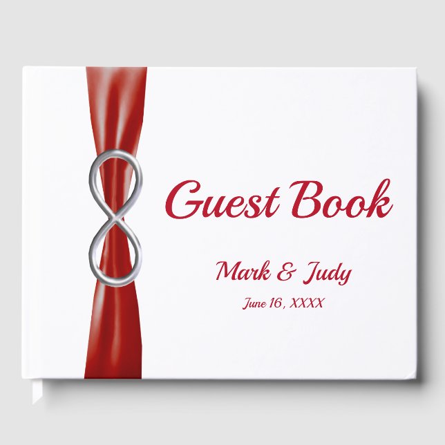 Silver Infinity Red Ribbon Bröllop Guestbook Gästböcker (Framsida)