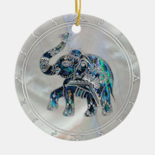 Silver inramad elefant på Abalone och pärlan Julgransprydnad Keramik
