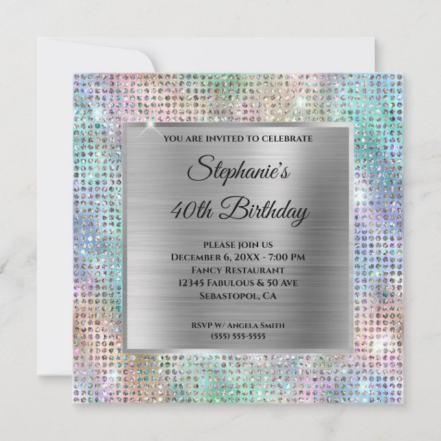 Silver Iridescent Diamond Studed Foil Birthday Inbjudningar (Framsida)