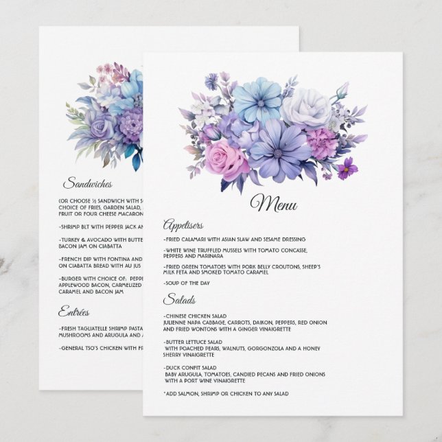 Silver, isblå och lila blomstervigsel meny (Fram/baksida)