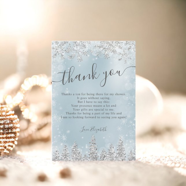 Silver isblå snö tall vinter bröllopsdusch tack kort (Silver ice blue snow pine winter bridal shower thank you card)