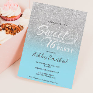 Silver isblått glitter ombre lila Sweet 16 Inbjudningar