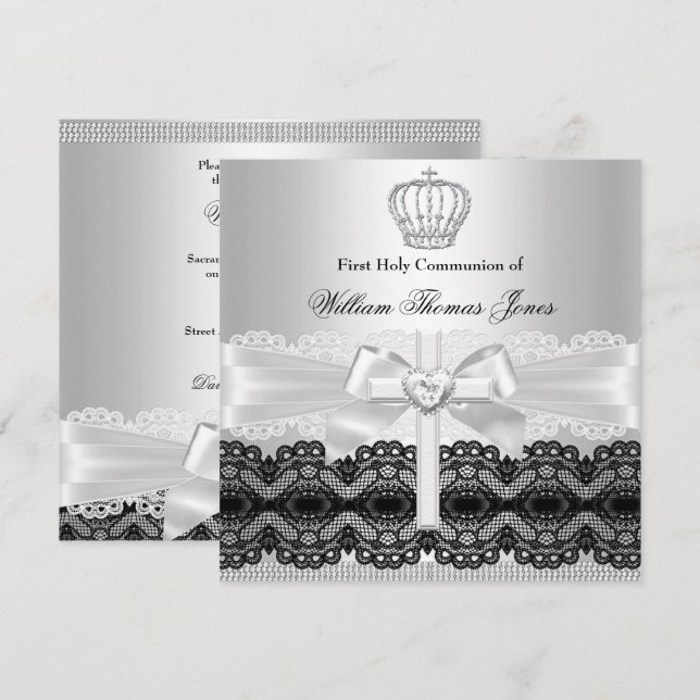 Silver Jewel Kor Boy First Heliga Communion Inbjudningar (Fram/baksida)