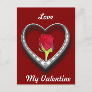 Silver Jewelry Valentine Heart med Röd ros Helg Vykort