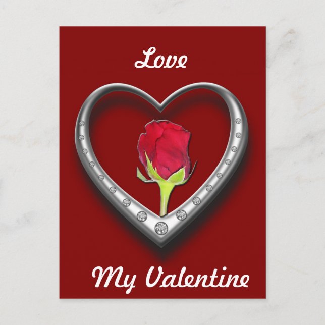 Silver Jewelry Valentine Heart med Röd ros Helg Vykort (Framsida)