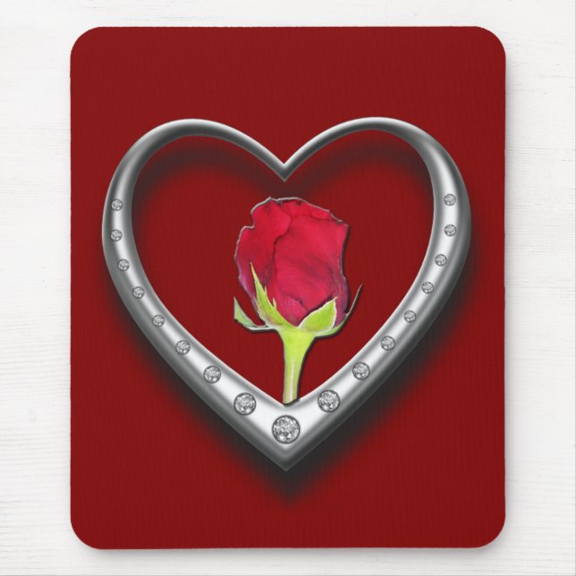 Silver Jewelry Valentine Heart med Röd ros Musmatta (Framsidan)