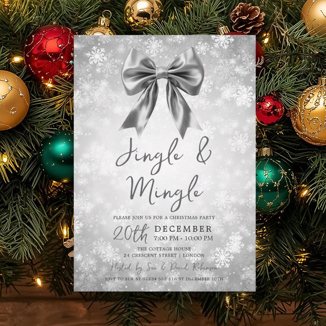 Silver Jingle Mingle Christmas Party Bow Snow  Inbjudningar (Silver Jingle Mingle Christmas Party Bow Snow Invitation)
