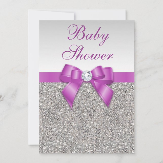 Silver judar Radiant orchid Bow Baby Shower Inbjudningar (Framsida)