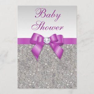 Silver judar Radiant orchid Bow Baby Shower Inbjudningar