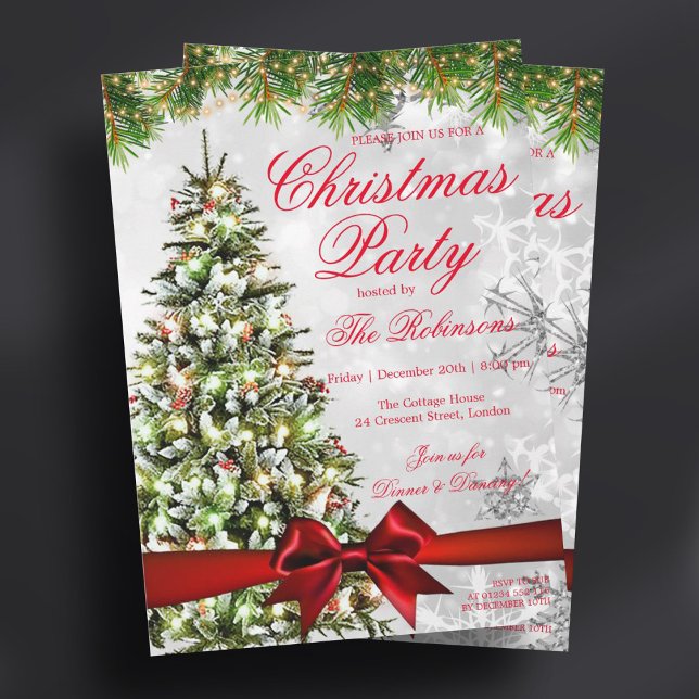 Silver jul Party | Julafton Träd Ljus & Ribbon Inbjudningar (Silver Christmas Party | Xmas Tree Lights & Ribbon Invitation)