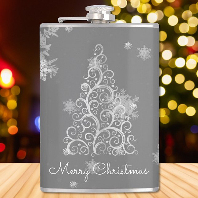 Silver Julgran och Snöflingor-kolv Fickplunta (Silver Christmas Tree and Snowflakes Flask)