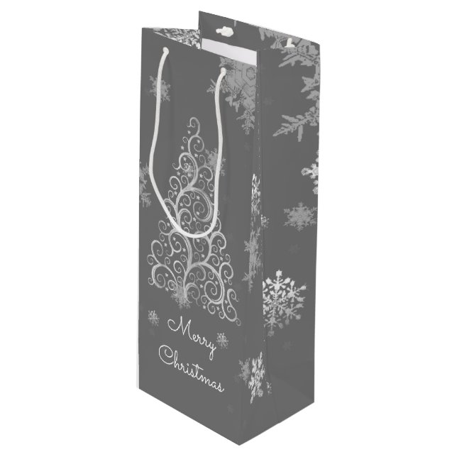 Silver Julgran och Snöflingor Vin Gift Bag (Framsidan Vinklad)