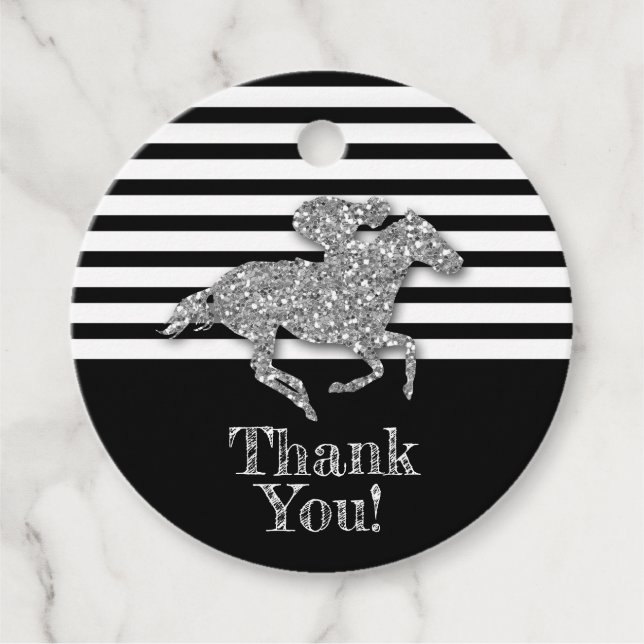 Silver kapplöpningshäst på svarta ränder gåvor etiketter (Framsida)