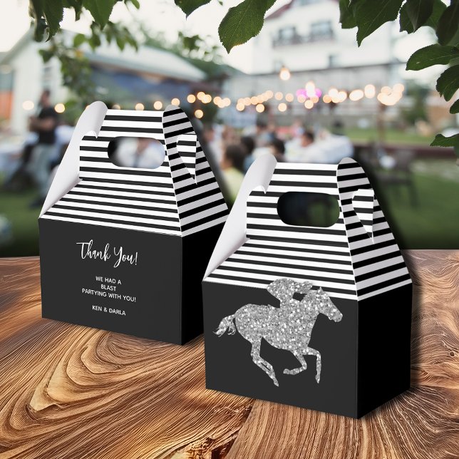 Silver kapplöpningshäst Svarta vita ränder Presentaskar (Silver Racehorse Black White Stripes Gable Style Favor Boxes)