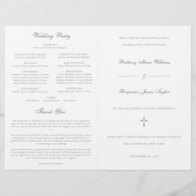 Silver katolsk bröllopsmässa Ceremoni Program (Framsida)