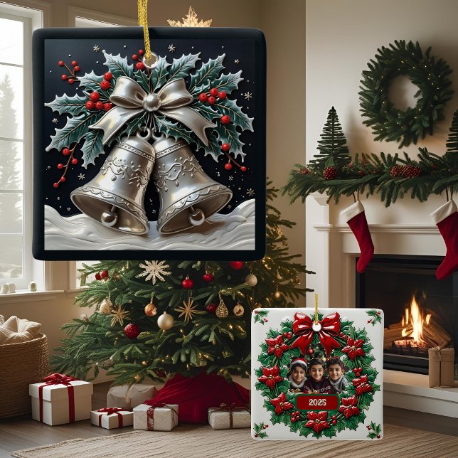 Silver Klockor och Holly-Anpassadet Julgransprydnad Keramik (Skapare uppladdad)