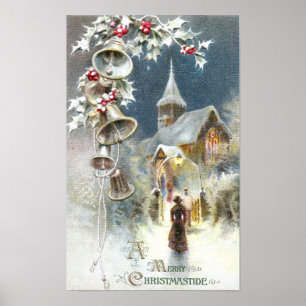 Silver Klockor och kyrklig vintagejul Poster