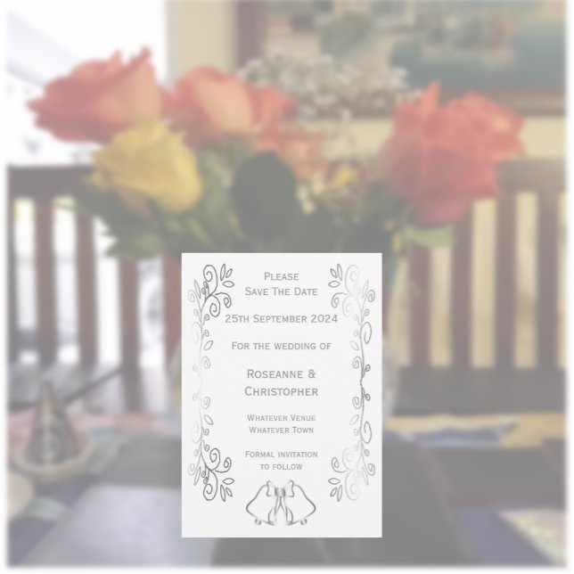 Silver Klockor Scrollwork Design Bröllop Spara Datumet (Silver wedding save the date card bells and scrollwork design)