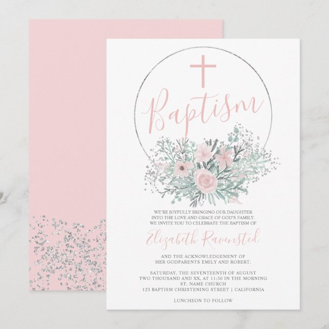 Silver konetti rosa blommigt vattenfärgsbaptism inbjudningar (Fram/baksida)