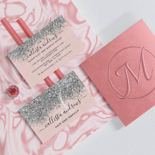 Silver Konfetti Glitter, med låg  Rosa Visitkort